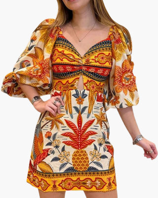 VESTIDO CORTO ESTAMPADO CON LINO