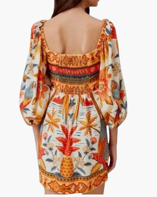 VESTIDO CORTO ESTAMPADO CON LINO